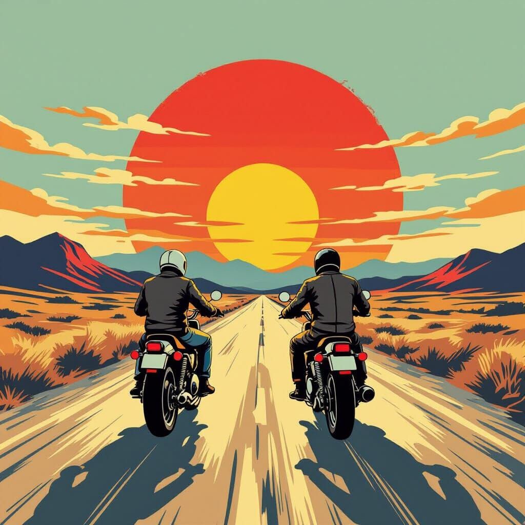 Ukiyo-e Style Bikers Ride Through Sunset Landscape