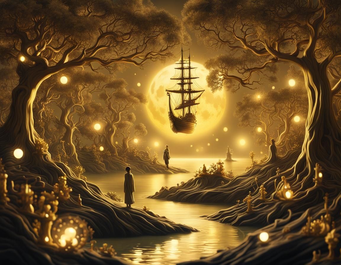 An Mystical grove made of liquid gold, A Sylph sailing on a Sylph, Claymation figures, Steampunk inspired, Rich and deta...