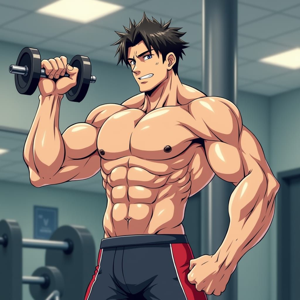 Muscular Boy Post-Workout, Anime Style