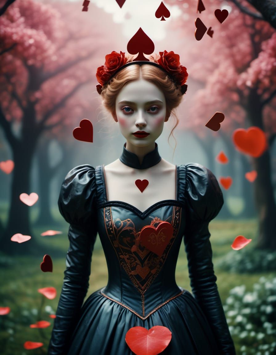 Queen of Hearts in Surreal Alice in Wonderland Landscape
