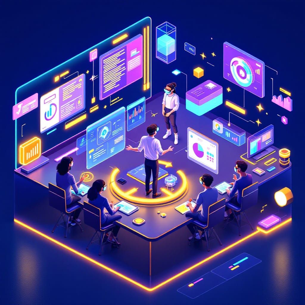 Futuristic 3D Classroom with Students Using VR and AR