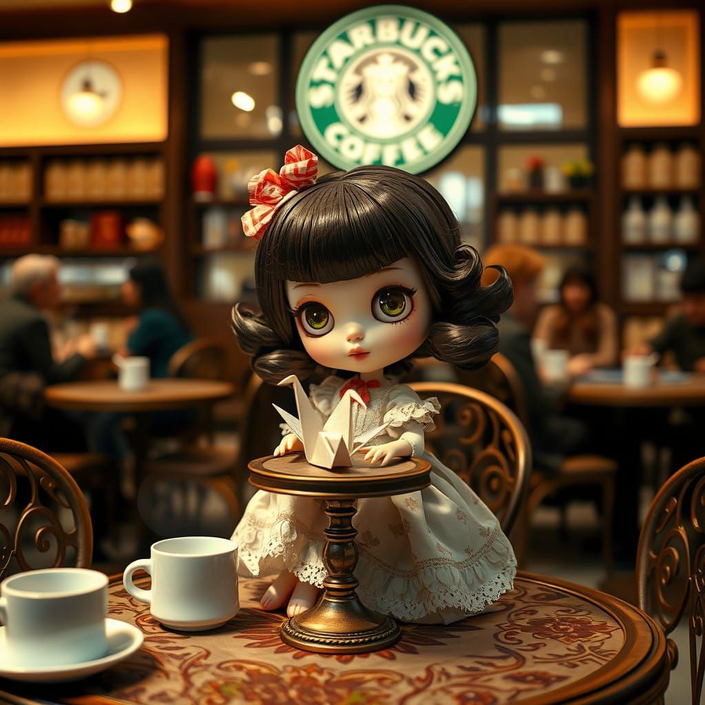 Blythe Doll Surrounded by Whimsical Starbucks Scene