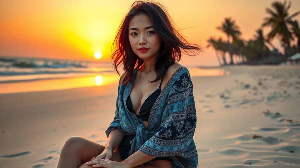 Elegant Asian Woman in Boho Chic on Tropical Beach at Golden...