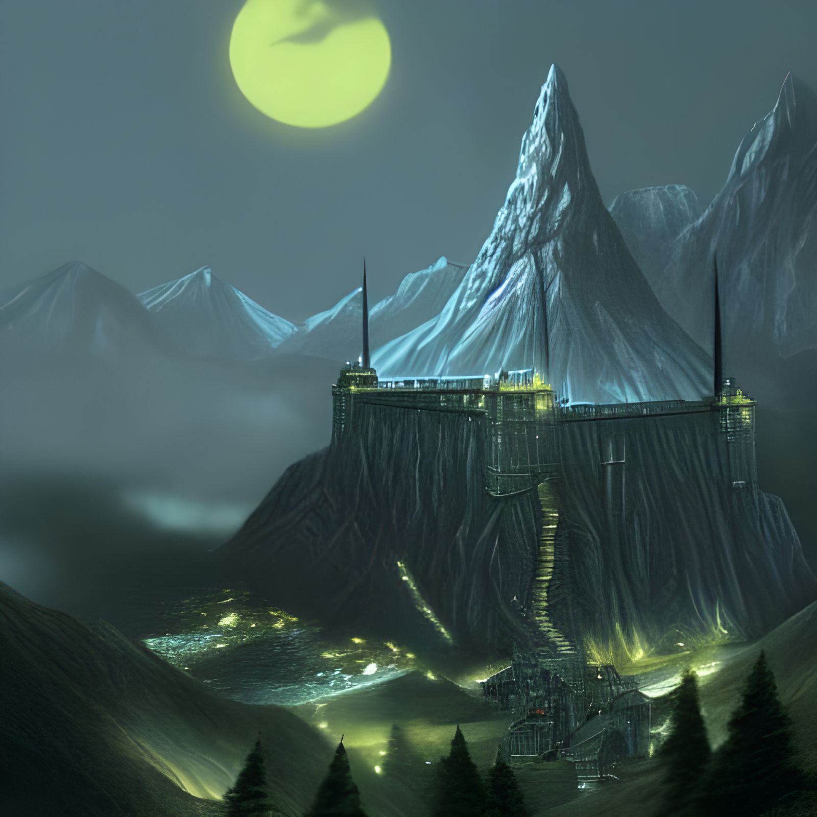 LOTR, photorealistic image of Minas Morgul, that was once a fortress of Gondor, called Minas Ithil, the Tower of the Moo...