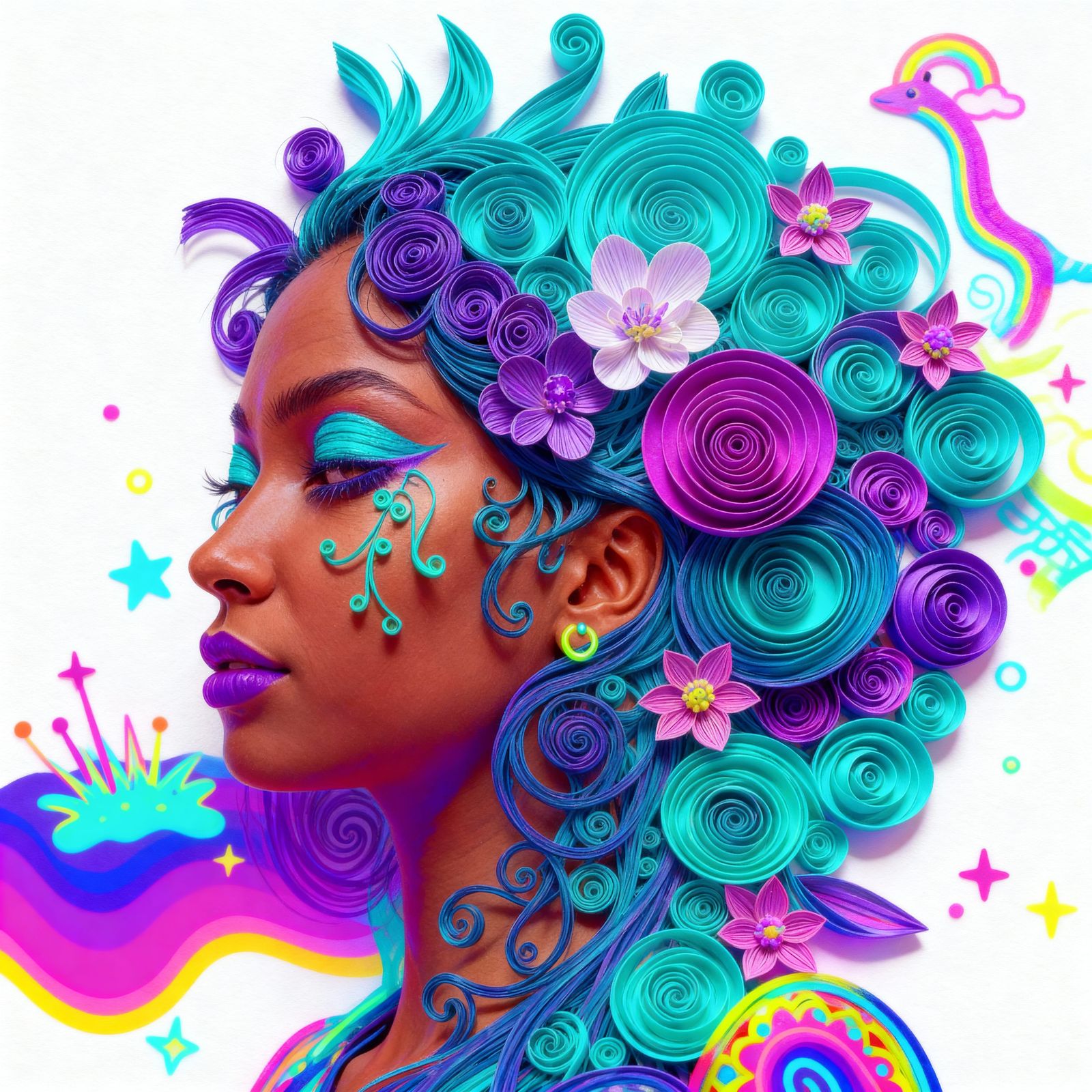 Surreal Paper Quilling Portrait of Woman in Blue and Purple