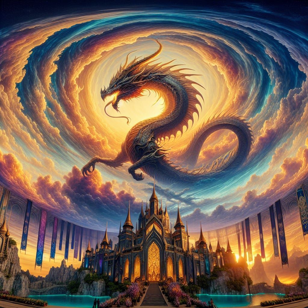 Majestic Cloud Dragon over Enchanted Castle