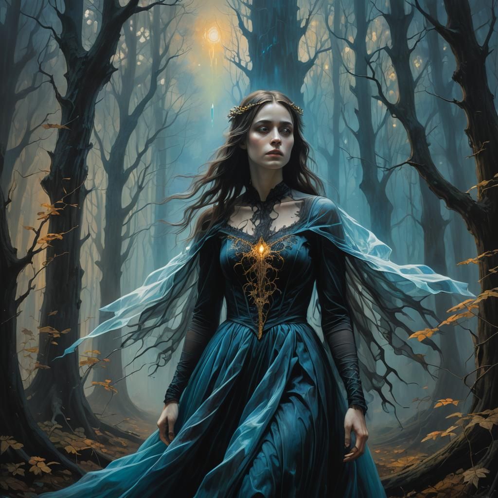 Girl and Ghost in Dark Forest, Beksiński-Inspired Art