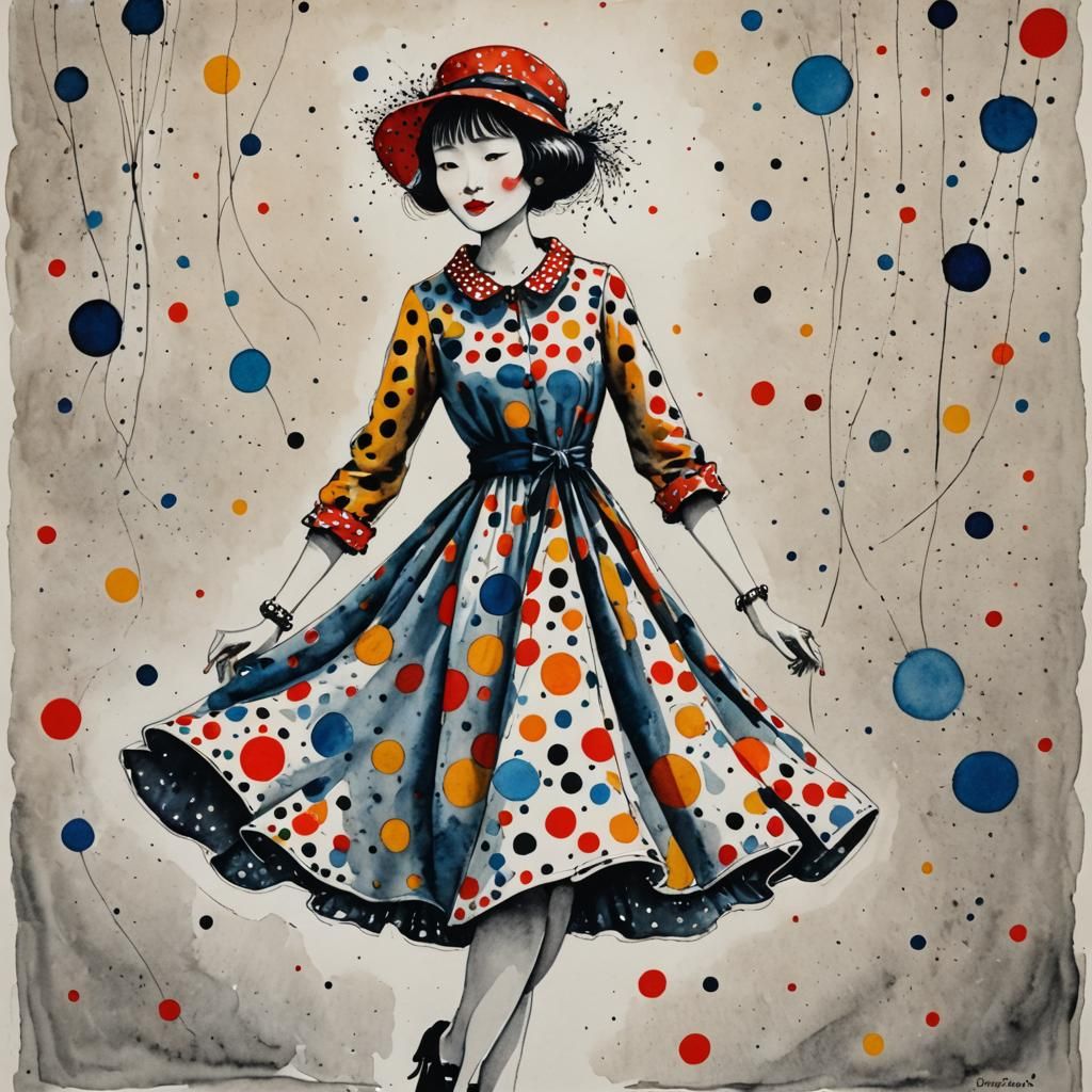 Polka Dot Dress: Watercolor and Ink Sketch