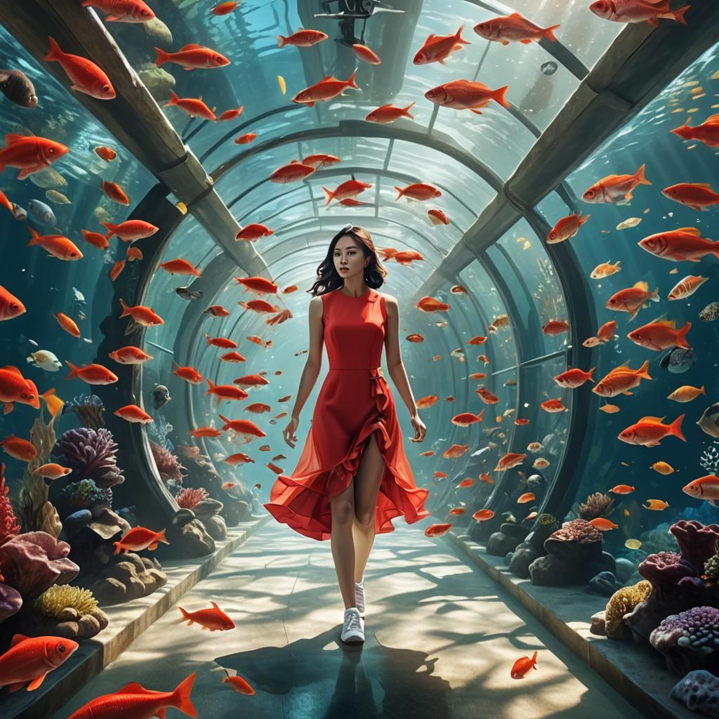 Thai Woman in Underwater Aquarium Tunnel