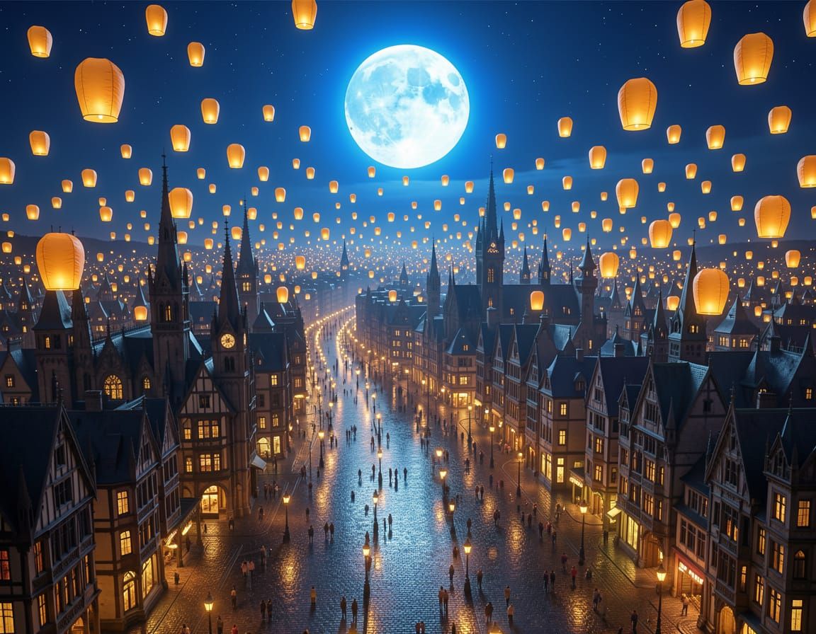 Gothic Kingdom Overlooks Victorian City Under Blue Moon