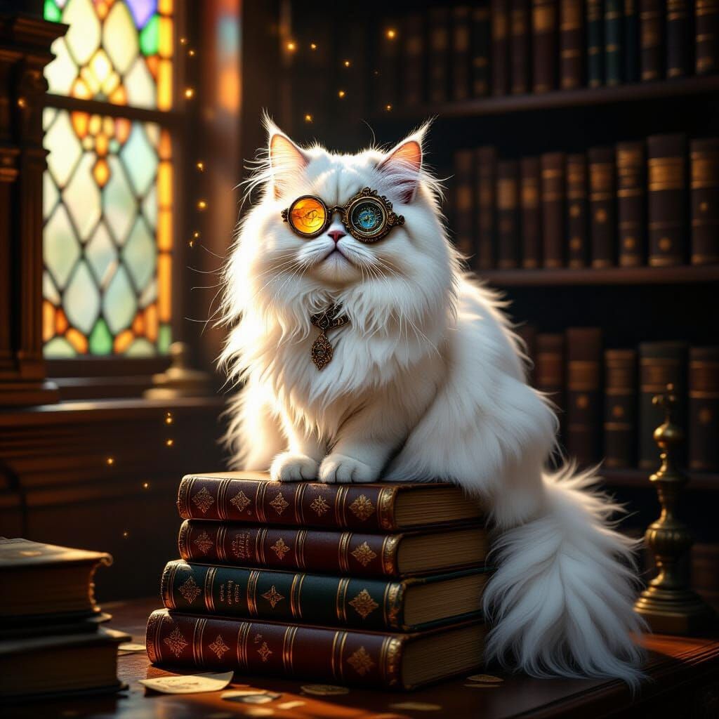 Persian Cat with Steampunk Monocle on Books