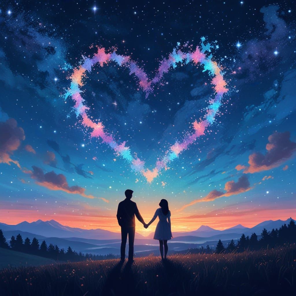 Couple Silhouetted Under Star Heart in Vibrant Digital Paint...
