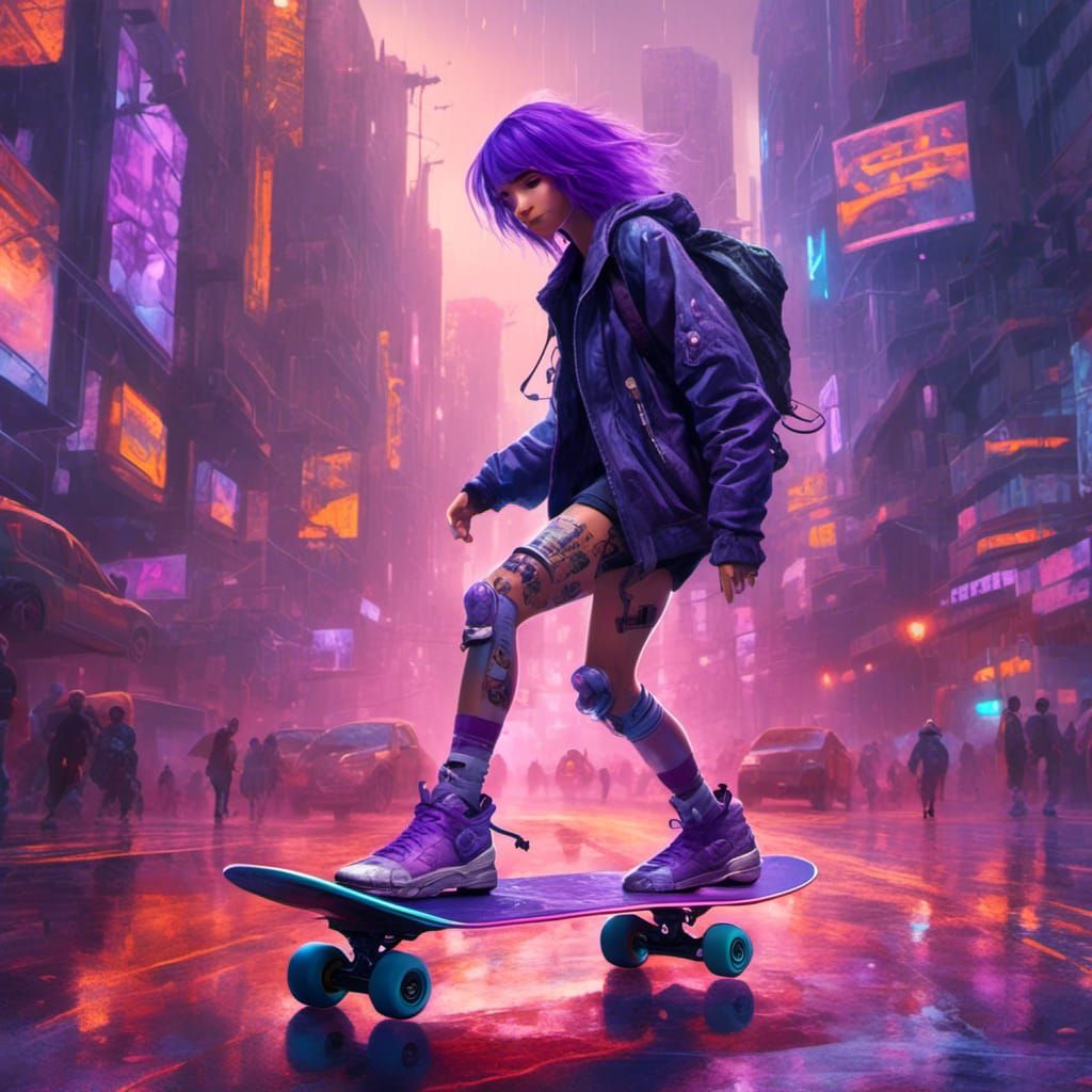 Cyberpunk Thief Girl on Hoverboard in Neon City