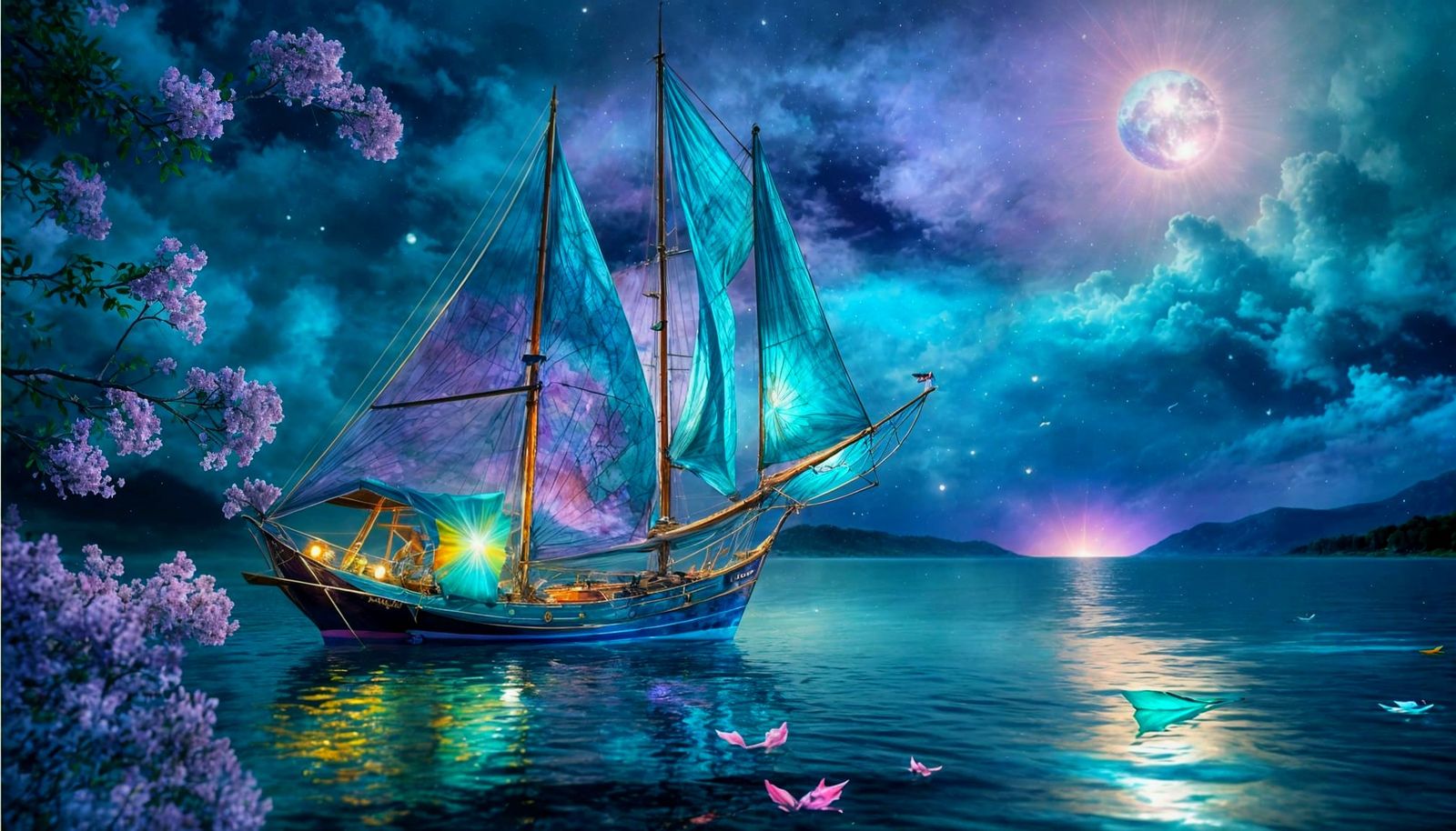 Turquoise and Purple Sailboat on Lake as Acrylic Painting