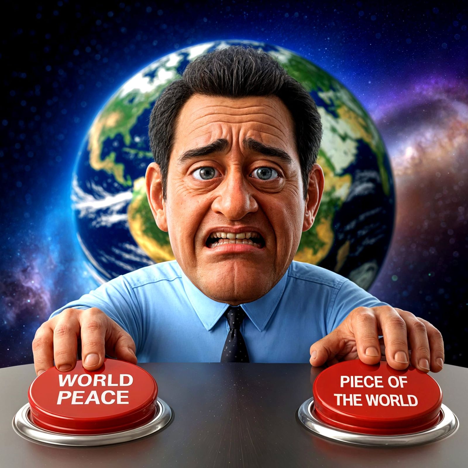 Worried Man Chooses Between Cosmic Buttons