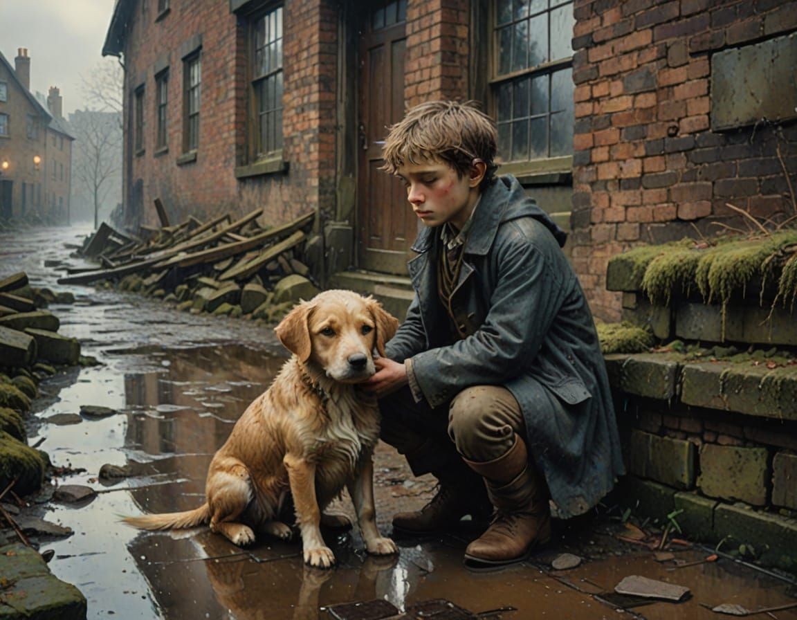 A Young Boy Comforts a Shivering Puppy in a Stormy Landscape