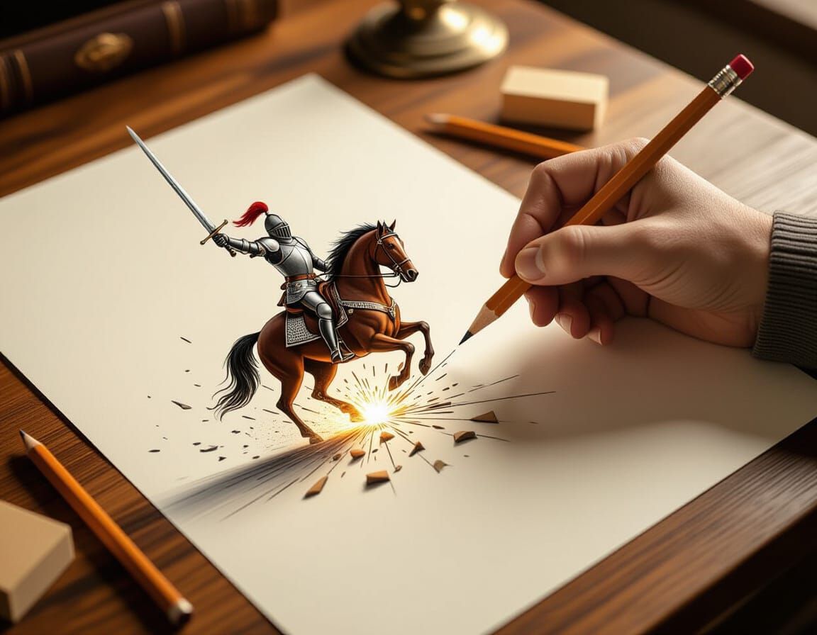 Knight Emerges From Drawing Paper in Cinematic Digital Art