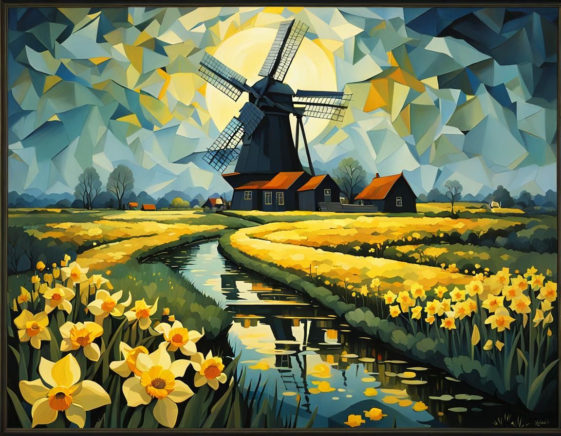 Golden Dutch Windmill Landscape with Daffodils