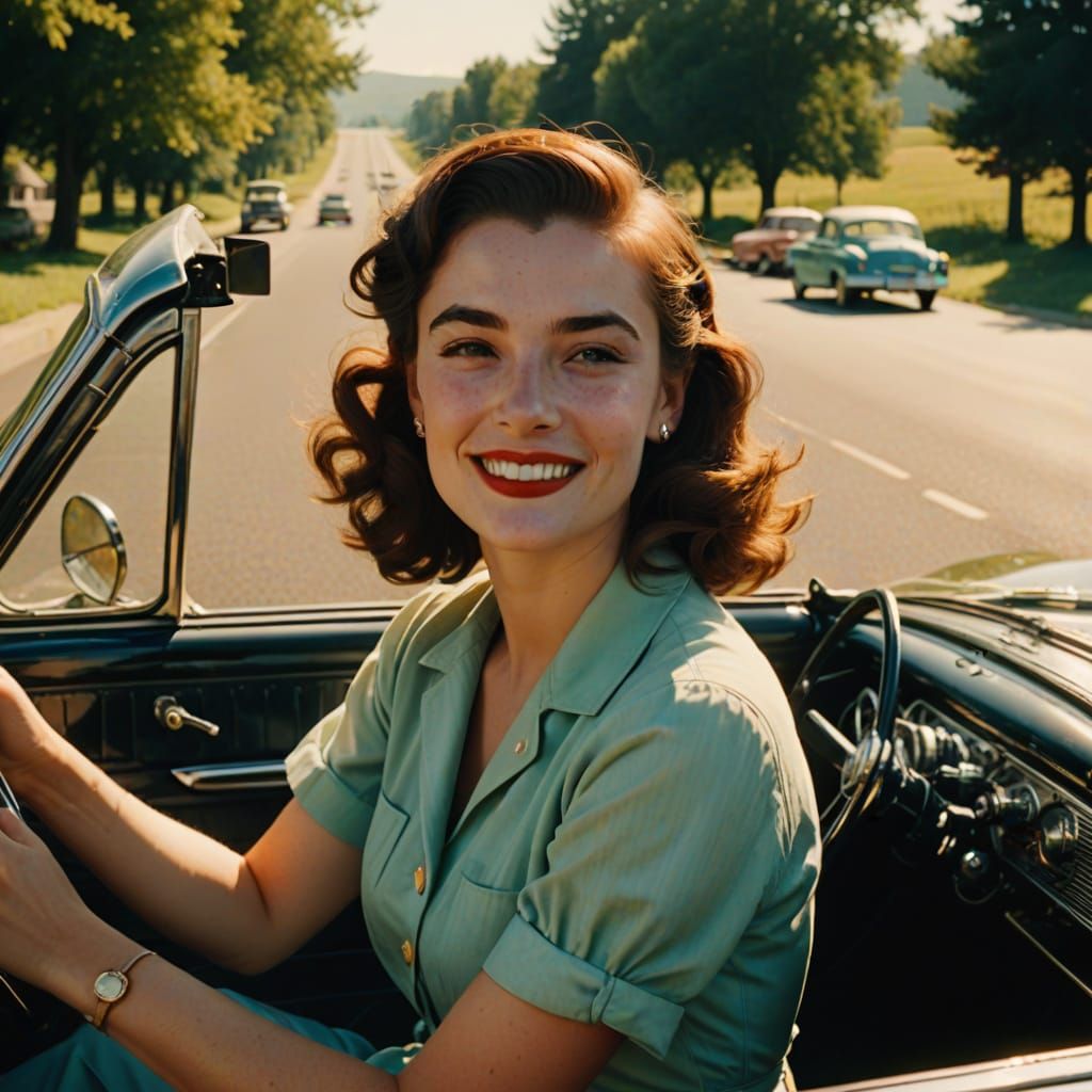 Woman in Vintage Car, 1950s Nostalgic Road Trip