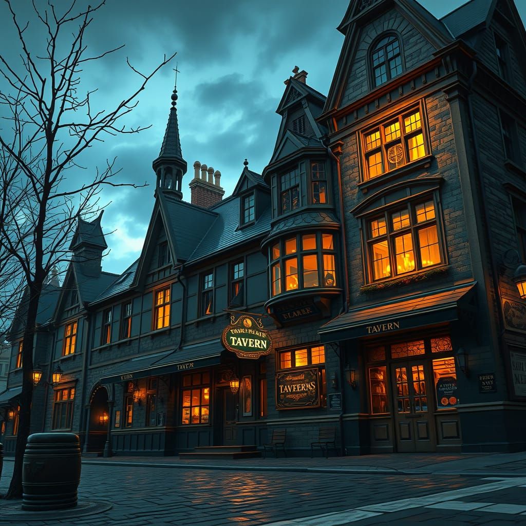 1880s Tavern at Dusk: Dark Fantasy Masterpiece