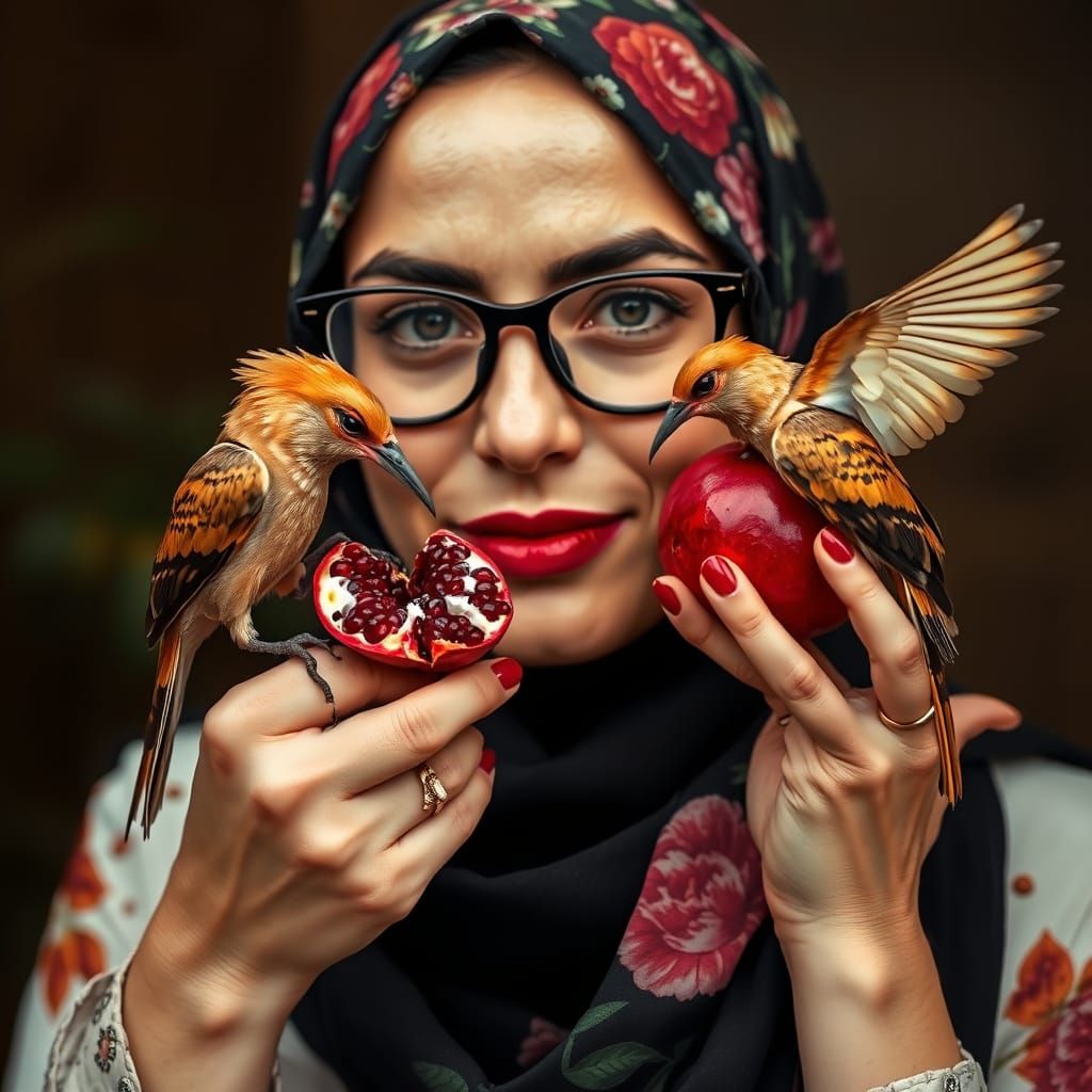 Woman with Pomegranate and Hoopoe Bird