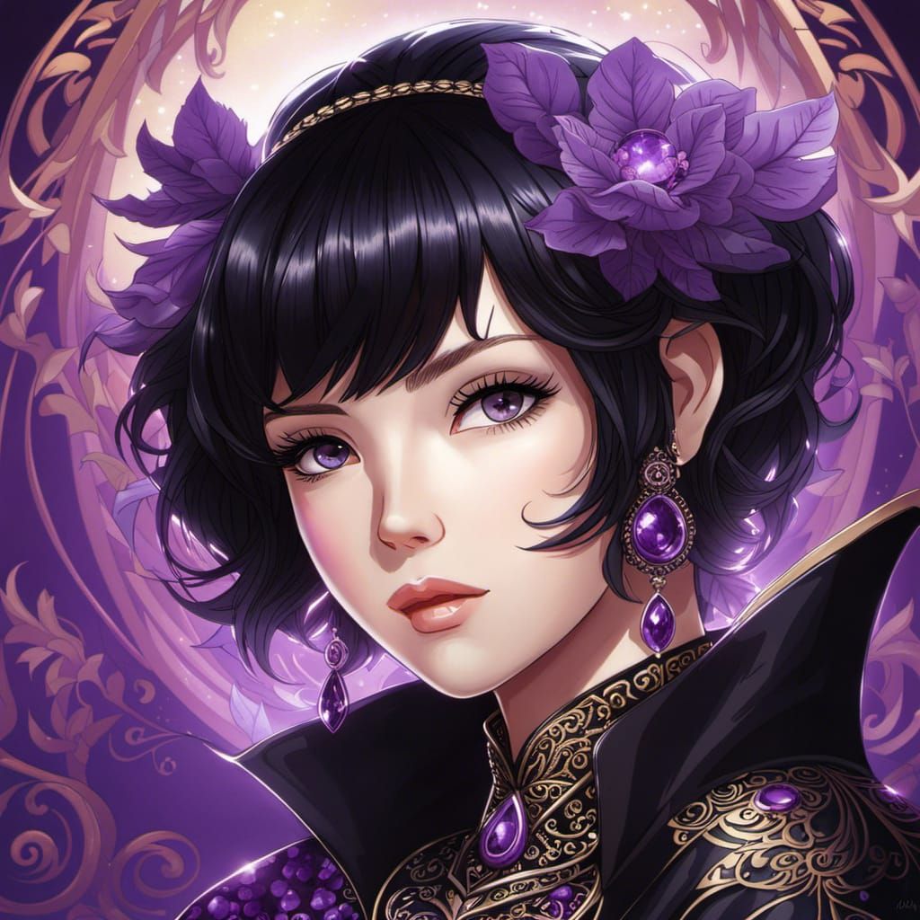 Anime Portrait: Woman with Purple Eyes in Manga Style