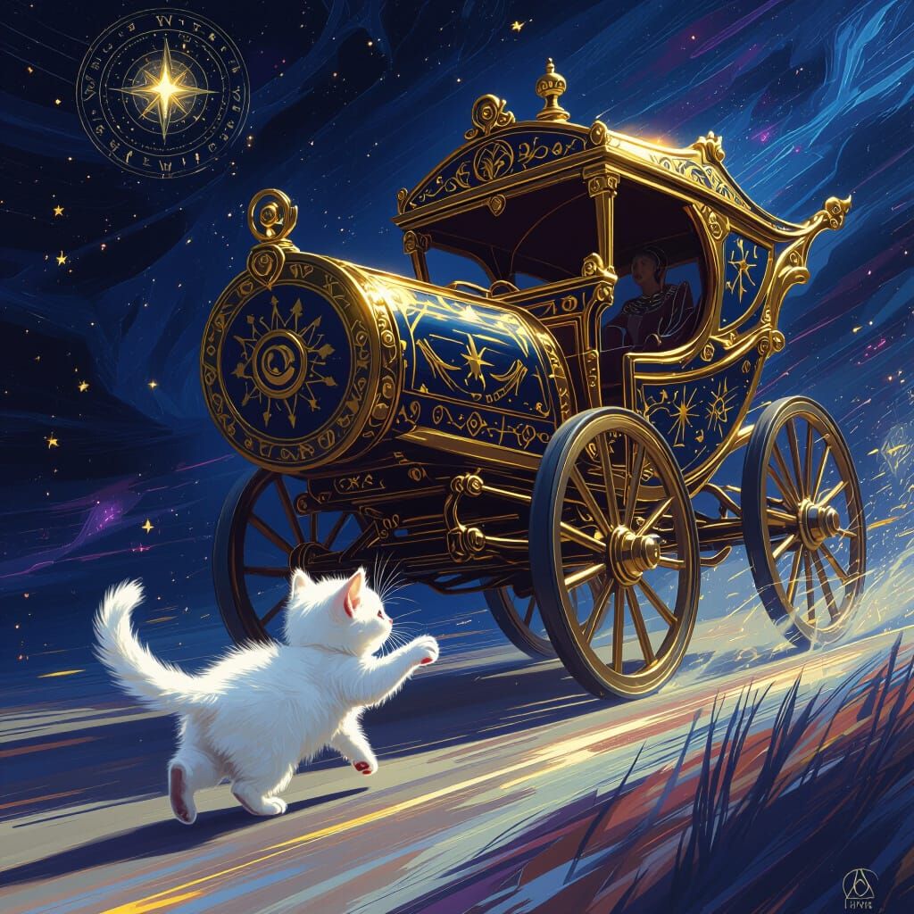 Tarot Chariot Leaves Kitten Behind in Fantasy Art Style