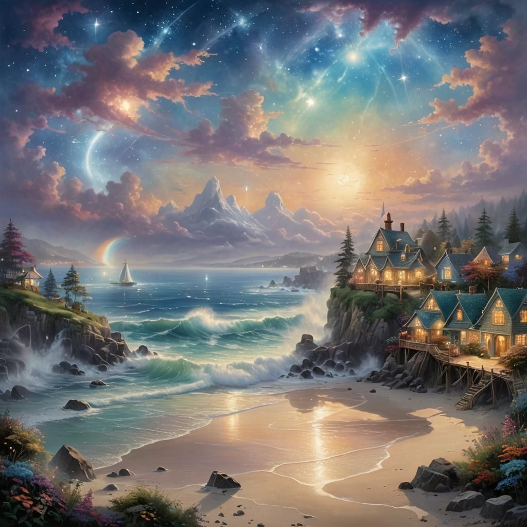 Galaxy Over Crystal Beach in Ethereal Fantasy Style