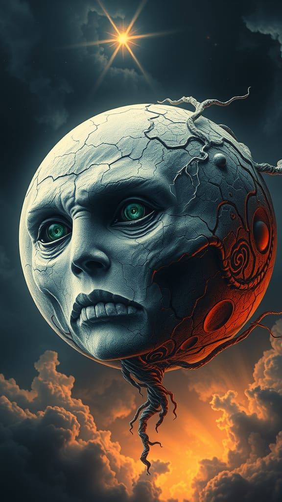 Ancient, Weathered Moon Goddess in Cosmic Turmoil