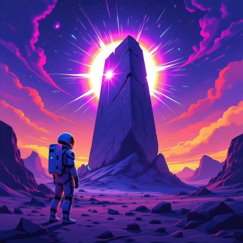 Astronaut Explores Alien Planet with Pulsing Monument