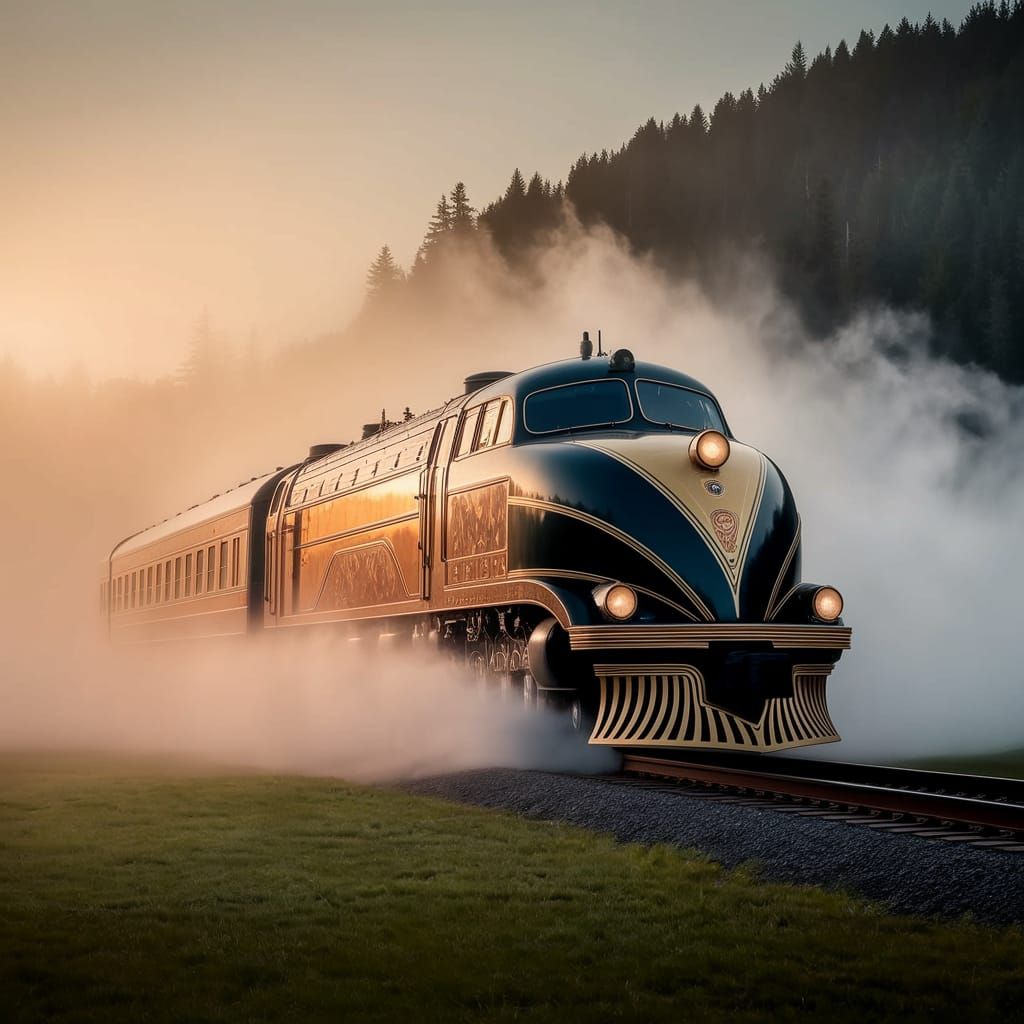 Vintage Train Emerge from Mist in Art Deco Style