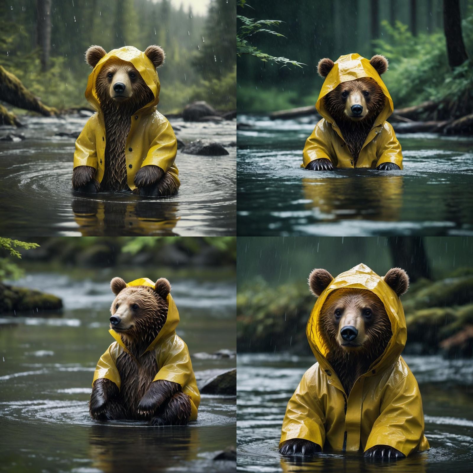 Brown Bear Cub in Rainy Forest River