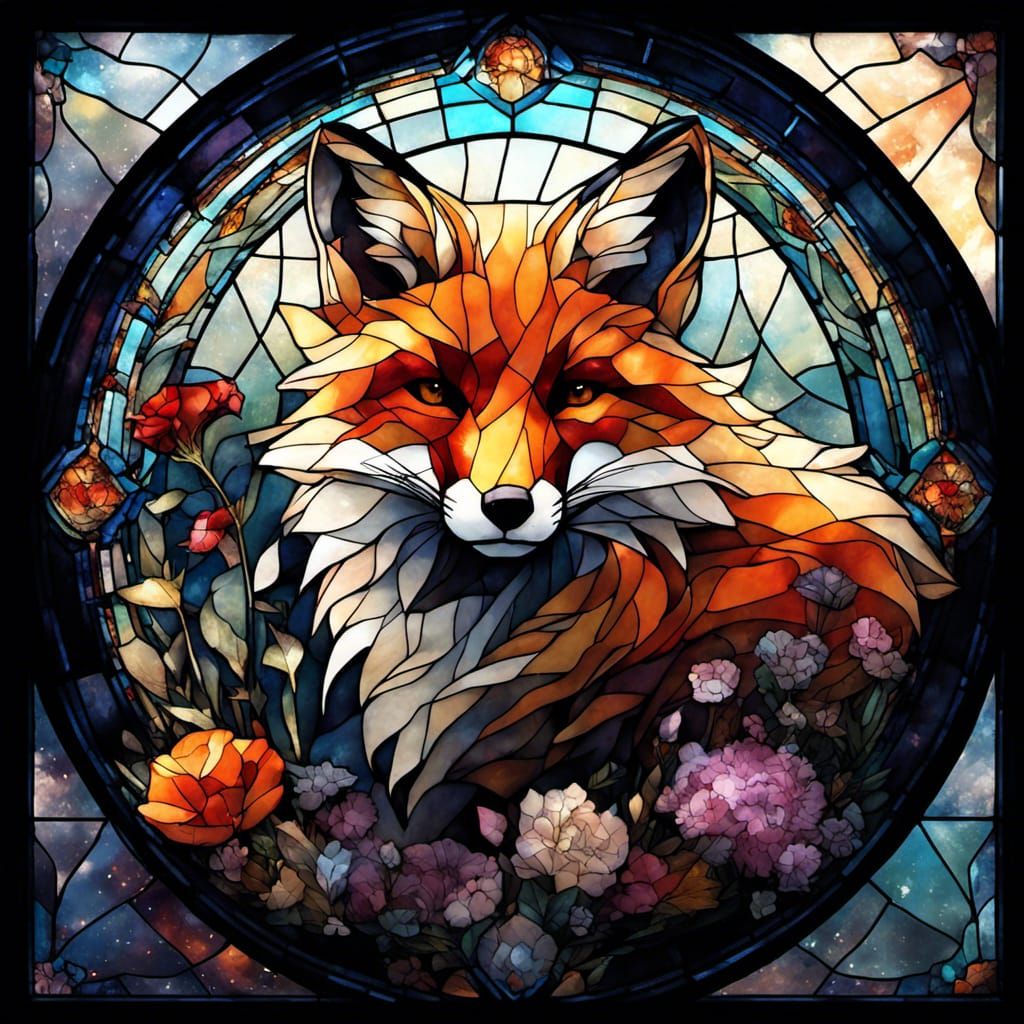 Stained Glass Fox with Floral and Constellation Motifs