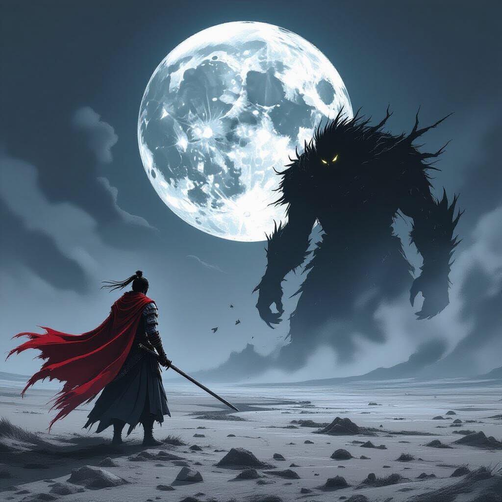 Samurai Warrior Under Shattered Moon in Gritty Comic Style