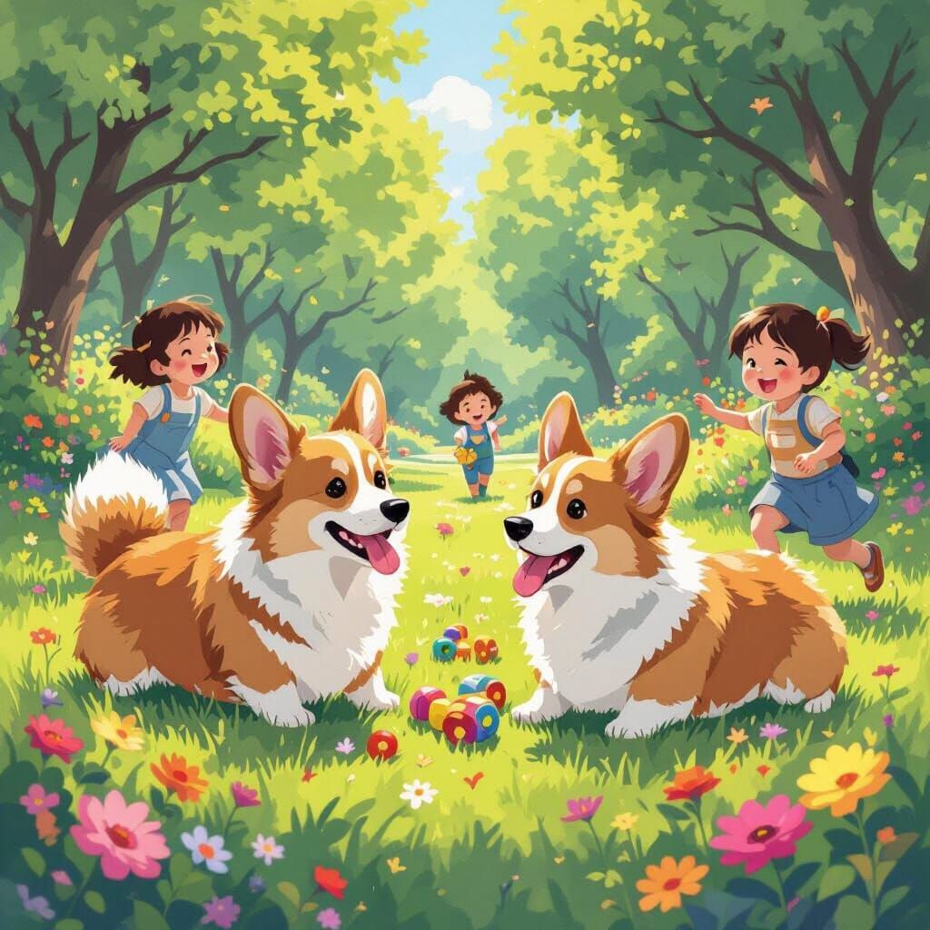 Corgis Playing in a Park: Miyazaki Style