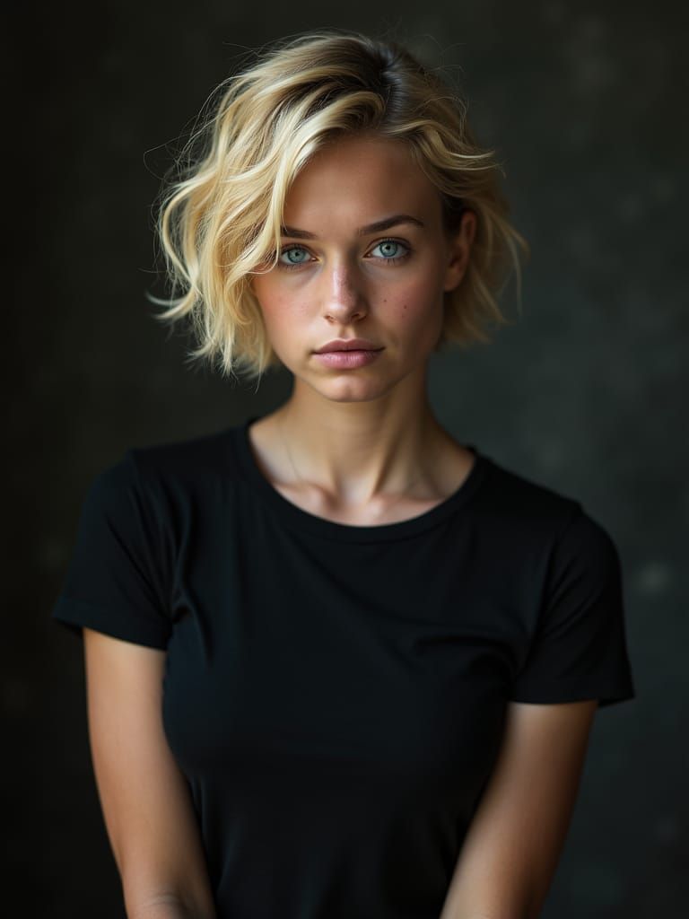 Realistic Portrait of Blond Woman with Silver Highlights