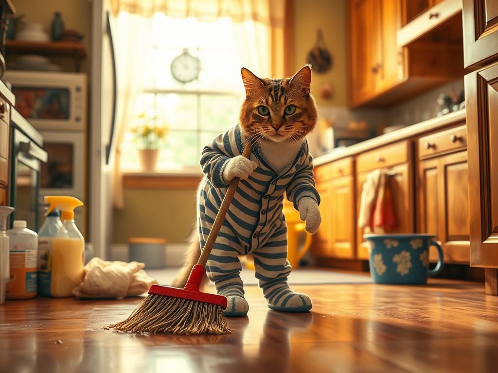 Cat Housework in the Style of Norman Rockwell