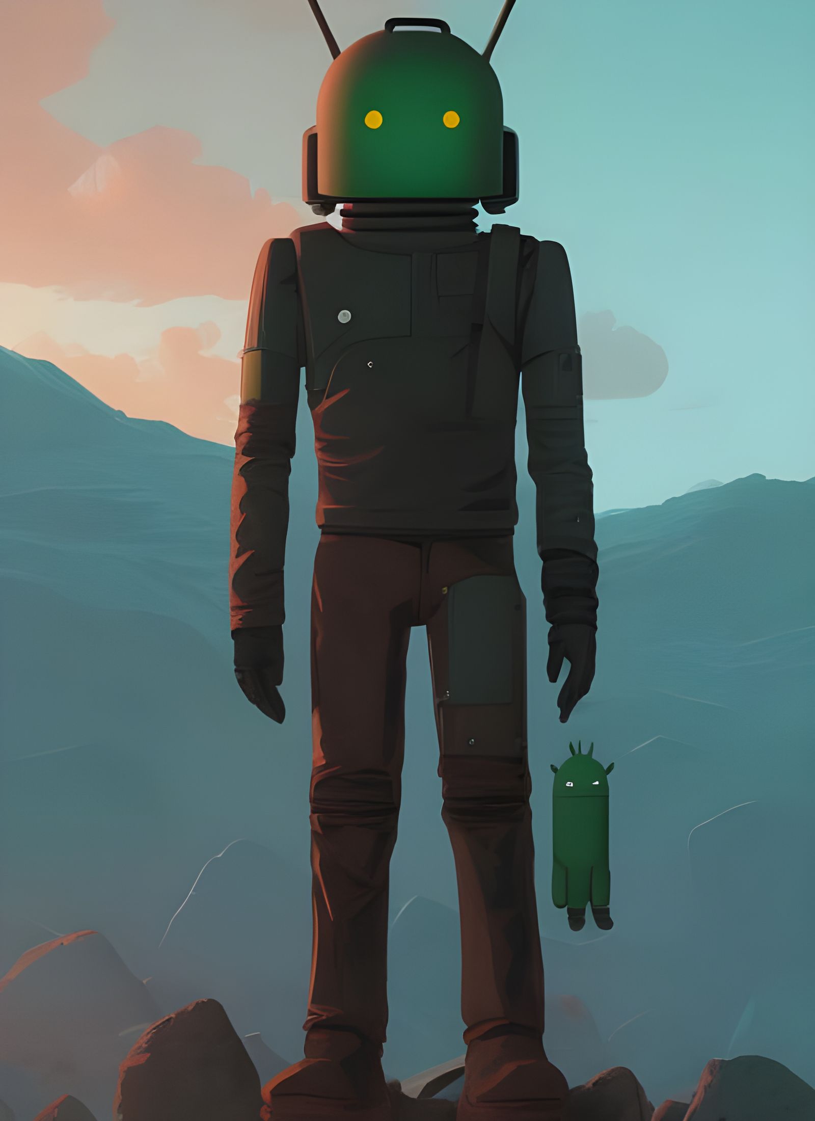 Heroic Android Portrait in Wasteland, Digital Art