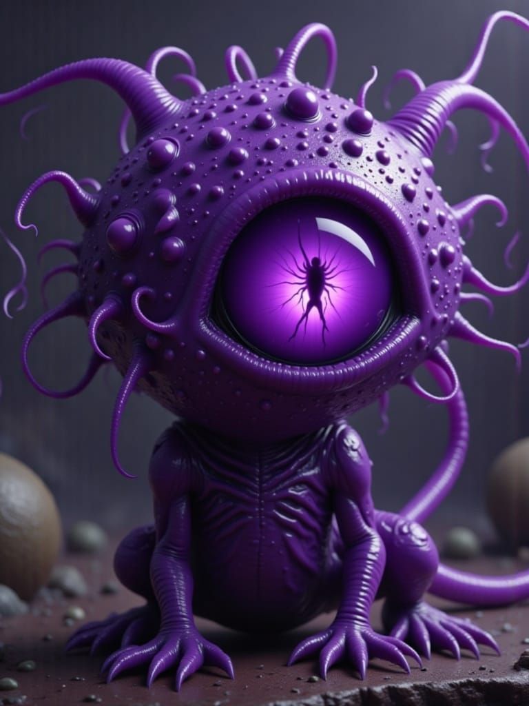Bizarre Purple One-Eyed Critter with Skull Iris, Deep Colors