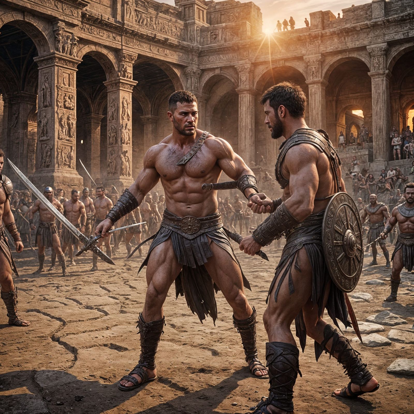 Gladiators in Bloody Sunset Arena Fight: Detailed Matte Pain...