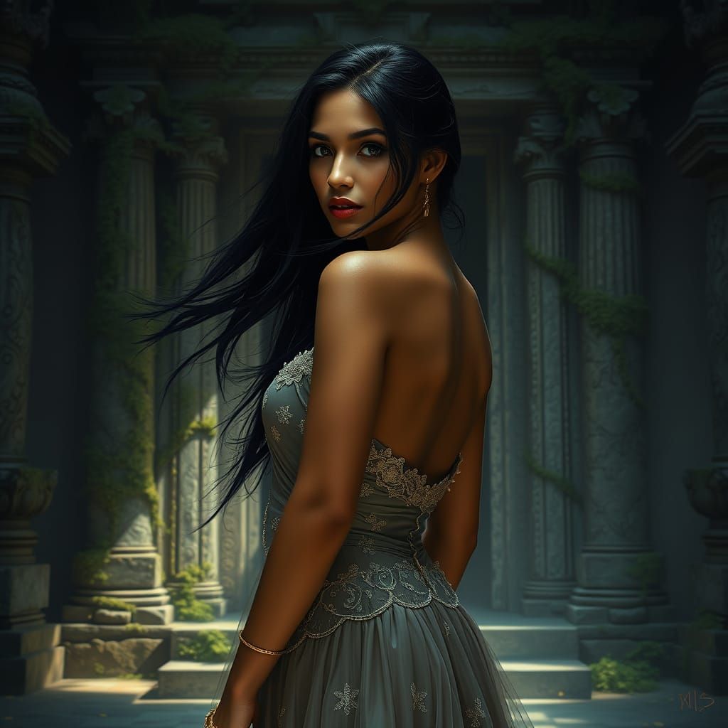 Venezuelan Woman at Ancient Temple Entrance