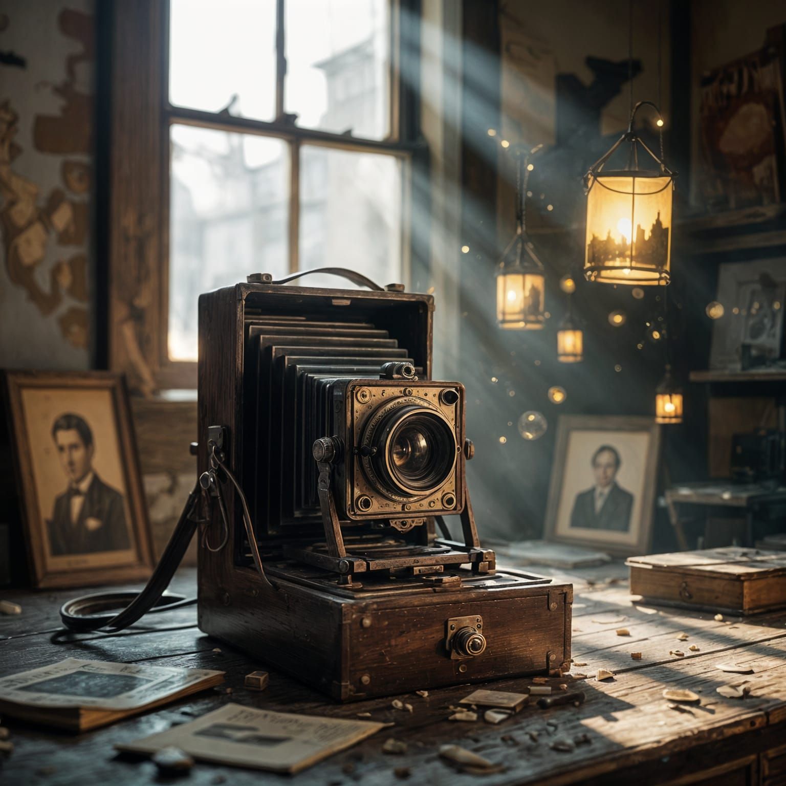 Surreal Antique Camera Studio with Floating Photographs
