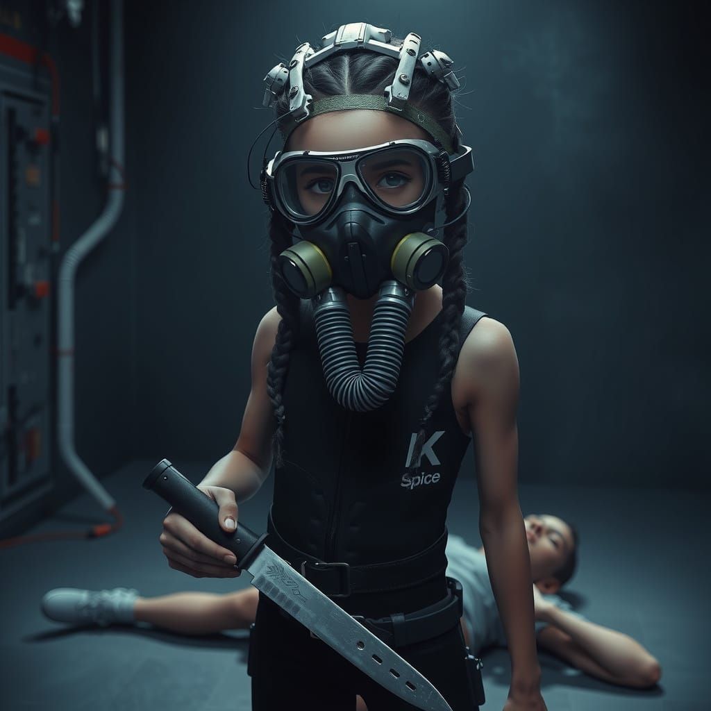 Biomechanical Girl with Knife in Dark Room