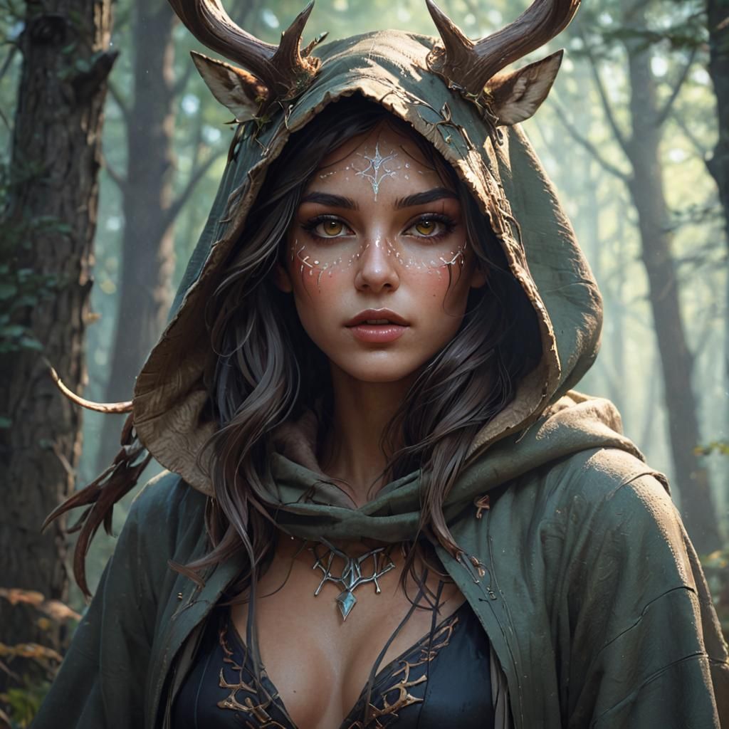 Hooded Girl with Antlers in Forest, Detailed Portrait