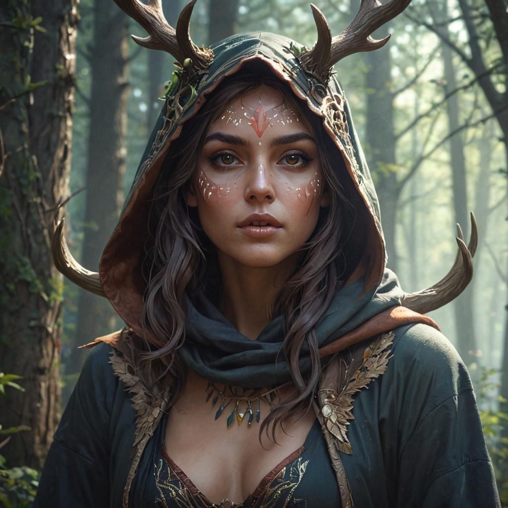 Hooded Girl with Antlers in Forest, Hyperdetailed Art