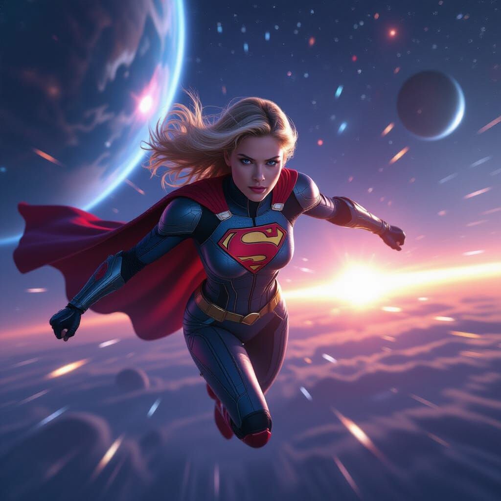 Armoured Cyberpunk Supergirl Flying Through Space