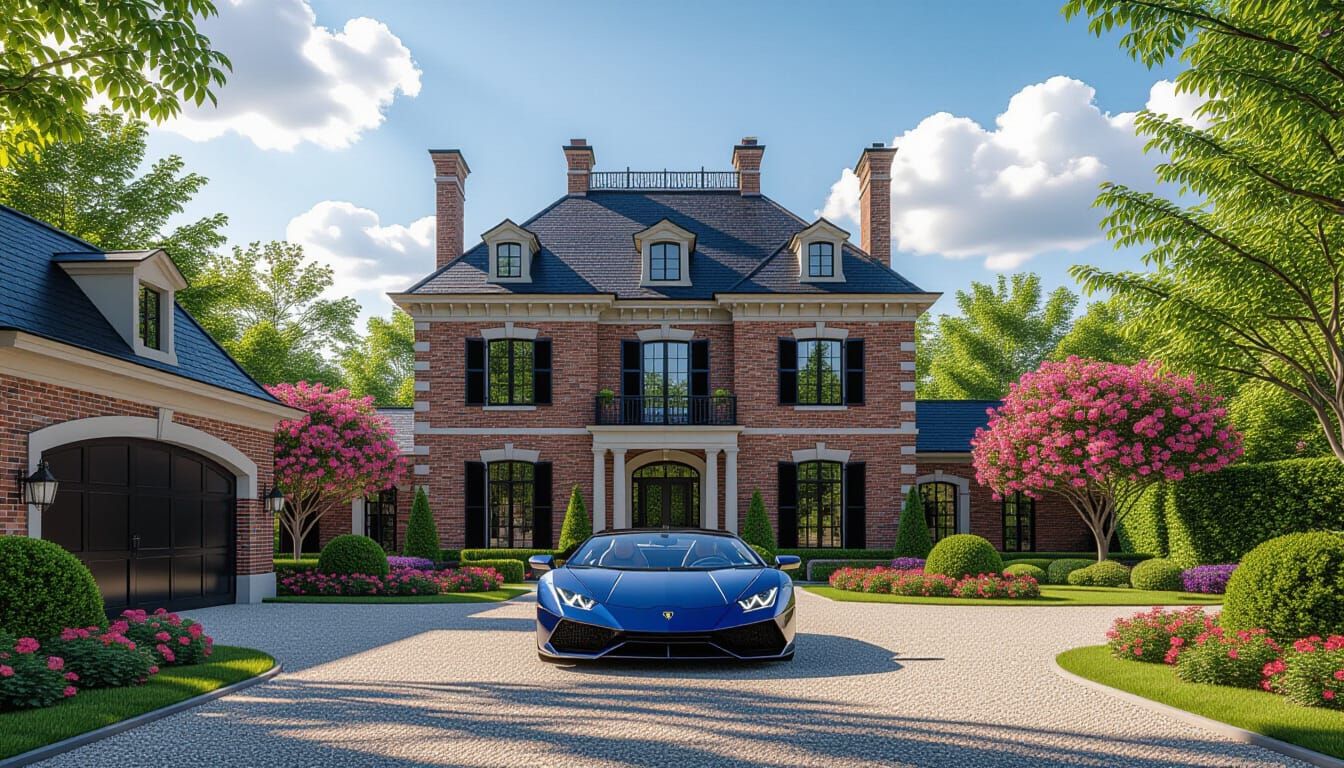 Victorian Chateau With Lamborghini Amidst Lush Gardens