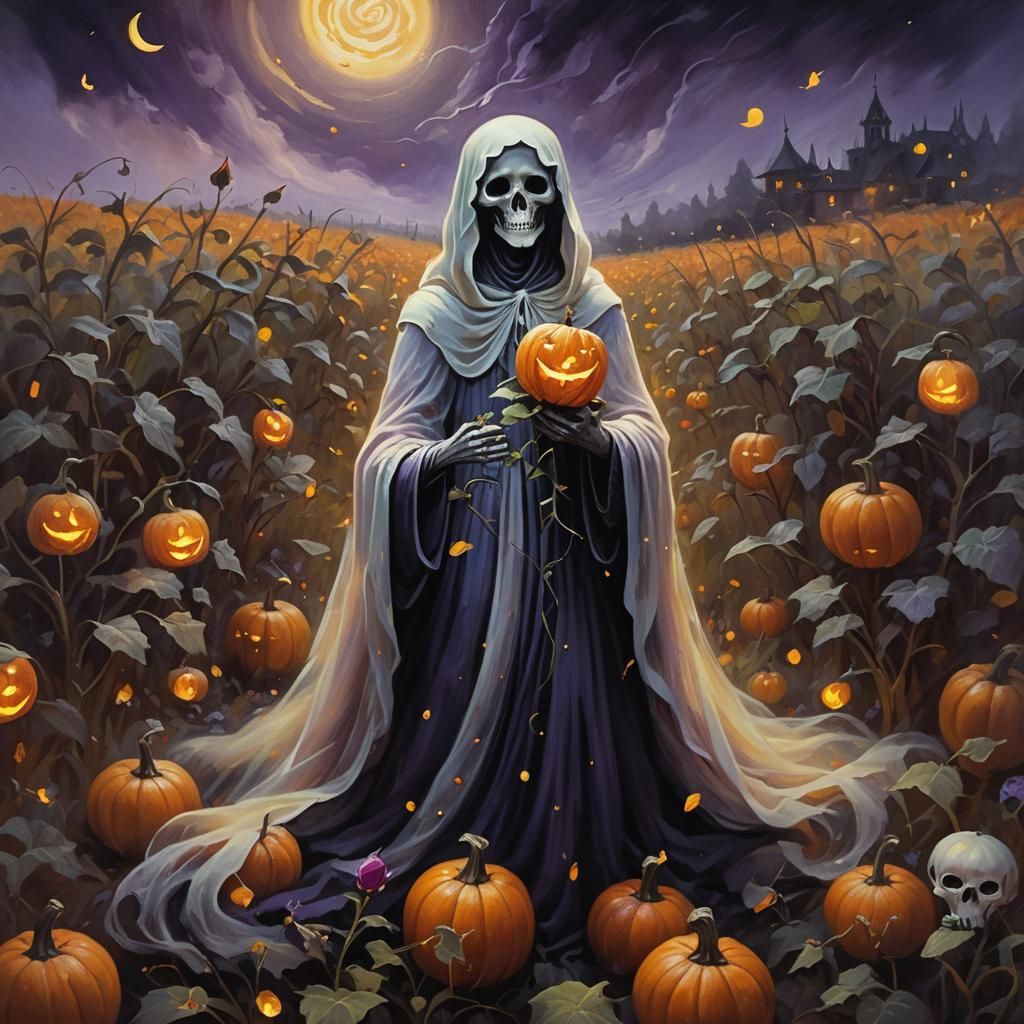 Ghost in Pumpkin Field with Fireflies, Oil Painting