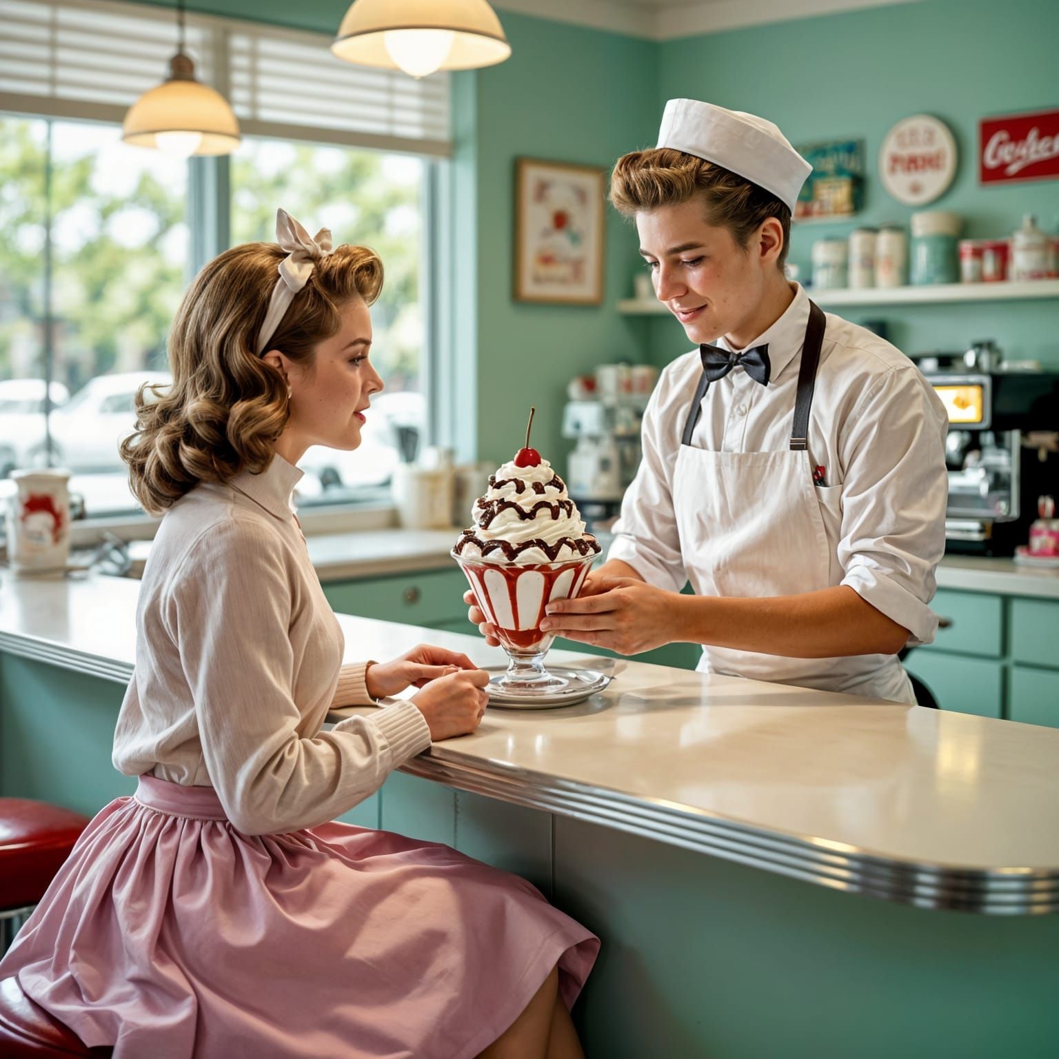 1950s Soda Jerk Serves Sundae, Norman Rockwell Style