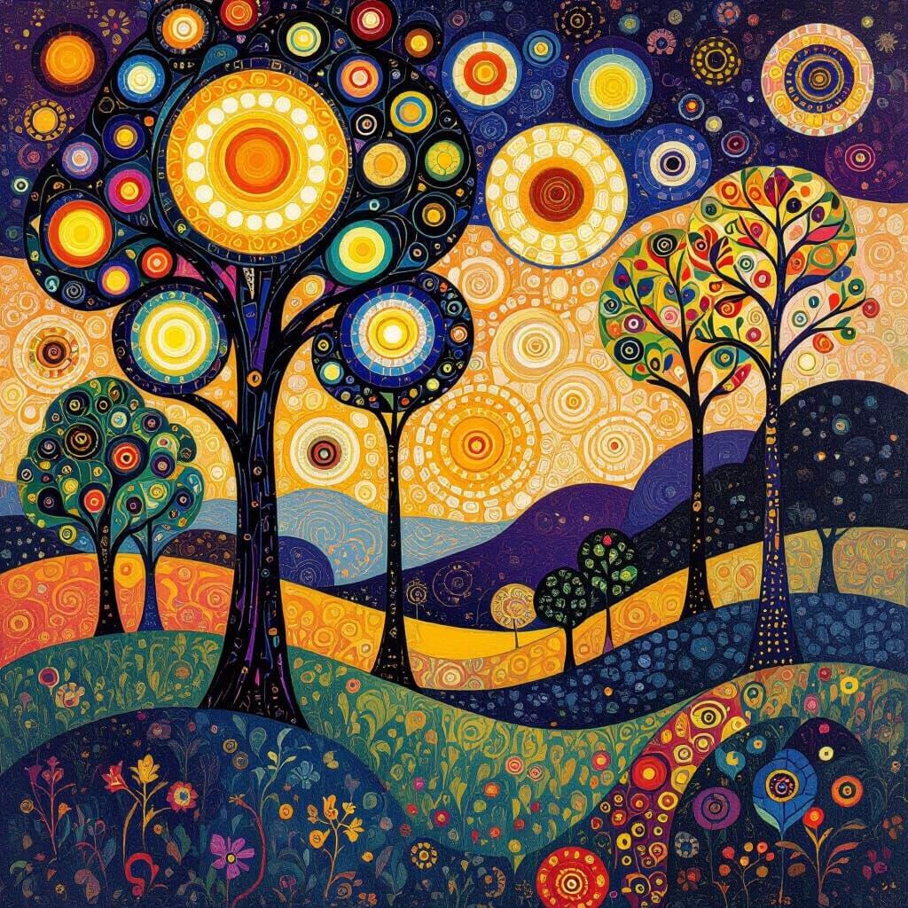 Vibrant Klimt-Style Landscape with Glowing Trees